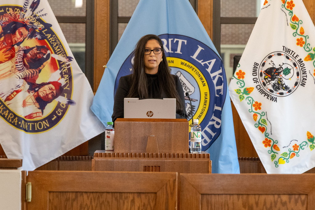 Erica Thunder, senior associate and tribal subject matter expert at K.L. Scott and Associates, speaks with UND law students and faculty at the School of Law on April 17. Photo by Walter Criswell/UND Today.