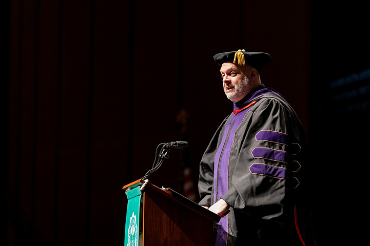 Dan Lewerenz, associate professor of law, delivered an address at UND's Summer Commencement 2026. UND Today
